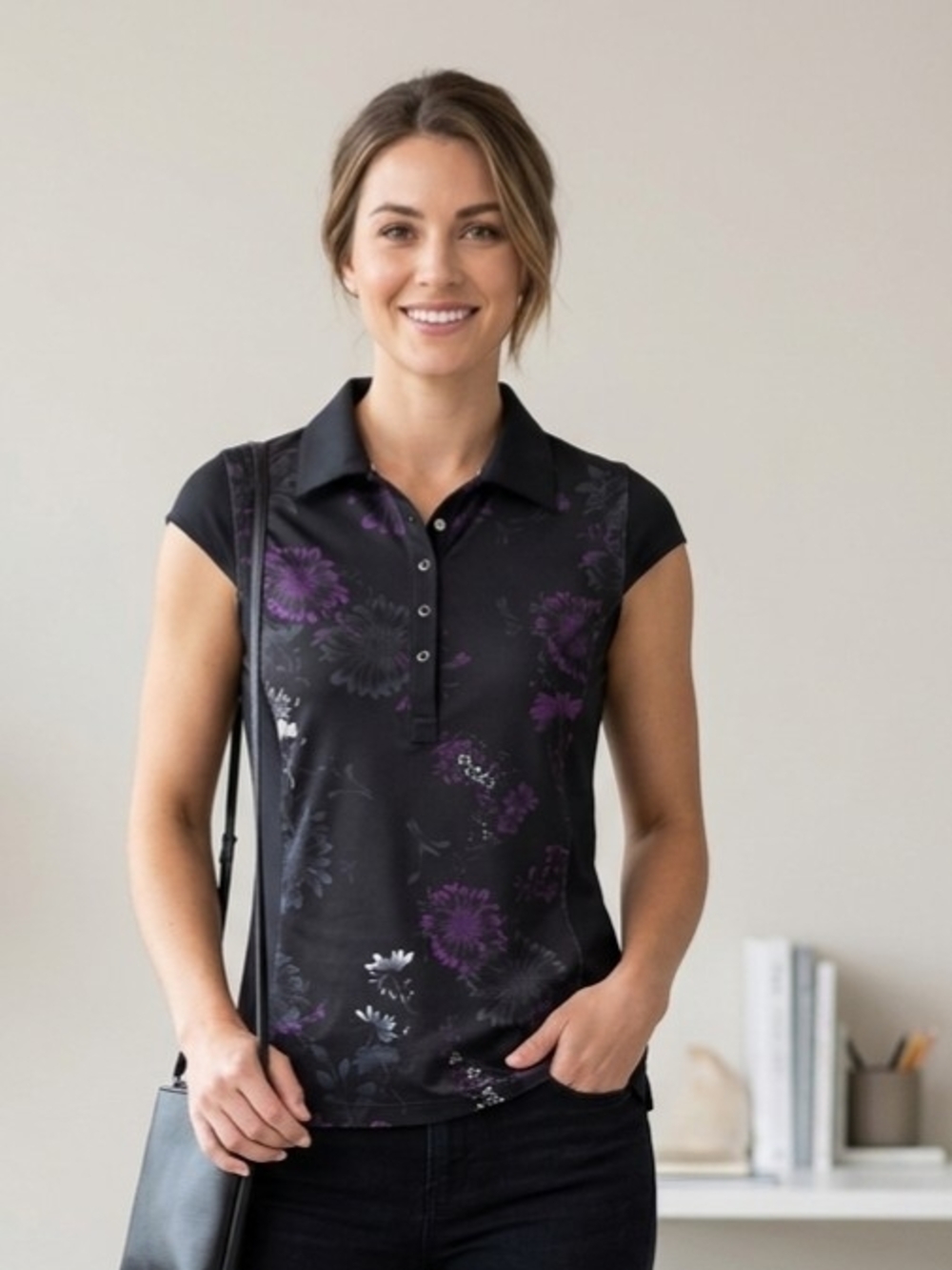 Callaway Black Golf Polo Tank with Purple Floral Print Size Small